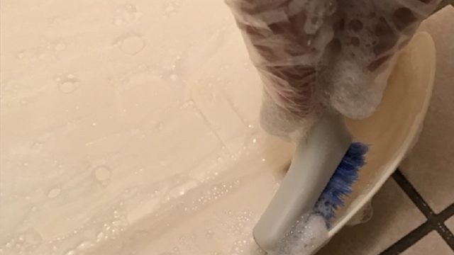 猫トイレを専用ブラシで洗う画像